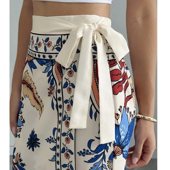 Boho Floral Print Wide Tie Stretchy Waist Skirt - Picture 4 of 4